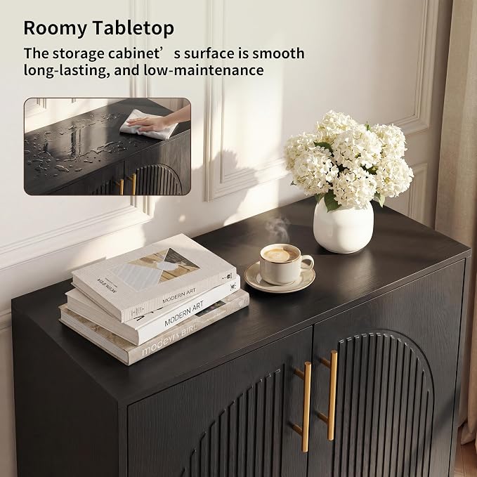 Fluted Sideboard Buffet Cabinet with Storage, Arched Doors & Adjustable Shelves, Modern Accent Credenza, Anti-Tip Console Cabinet for Living Room, Entryway, Hallway & Kitchen, Black