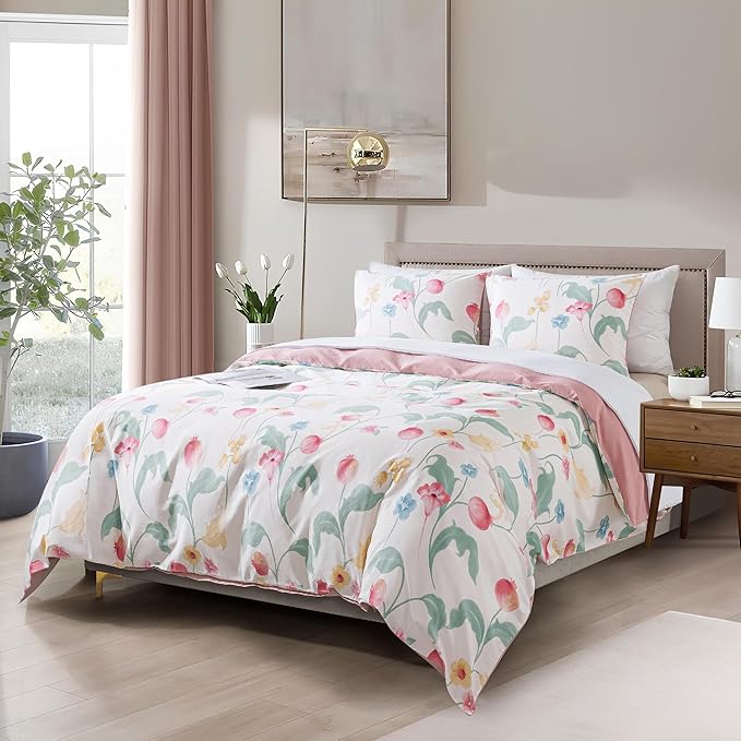 HoneiLife Cotton Duvet Cover King - Fruits Comforter Cover 3-PC, Botanical Bedlinen Set with Zipper Closure & Corner Ties, Pomegranate Comforter Cover Sets