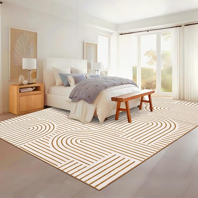 Washable Rug 9x12 Area Rugs for Living Room, Abstract Rug for Bedroom, Soft Rainbow Non Slip Throw Rugs with Rubber, Low Pile Stain Resistant Boho Geometric Carpet for Dining Room, Orange