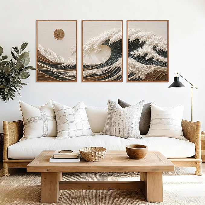 HLNIUC Great Wave Sunset Framed Canvas Wall Art,Abstract Sun Seascape Art Decor Set of 3(24”x36”) Modern Ocean Beach Art Print,Large Sea Wave Pictures Framed Wall Painting for Living Room,Bedroom