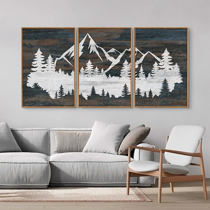 Rantodecor Vintage Mountain Framed Canvas Wall Art, White Snowy Nature Landscape Wall Decor, Rustic Wilderness Forest Art Paintings, Modern Farmhouse Artwork for Bedroom Living Room Office 16"x24"x3