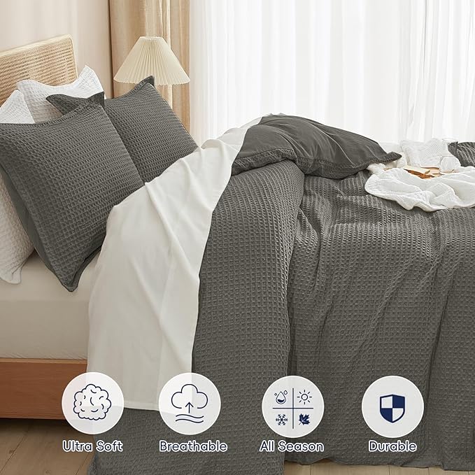 PHF Waffle Weave Duvet Cover Set Queen Size, No Snagging Ultra Soft Luxury Textured Breathable Comforter Cover for All Season 3pcs, Durable Bedding Duvet Set with 2 Pillow Shams, 90"x90", Grey