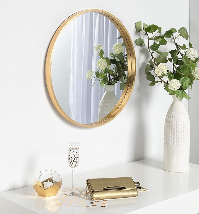 Kate and Laurel Travis Round Wood Wall Mirror, 25.6" Diameter, Gold, Modern Glam Wall Décor Accent