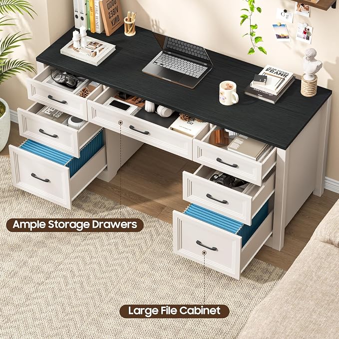 Vabches Farmhouse Executive Desk, Wood Home Office Desk with 2 Large File Drawers and 5 Storage Cabinets, Rustic Writing Desk for Work and Study, Black