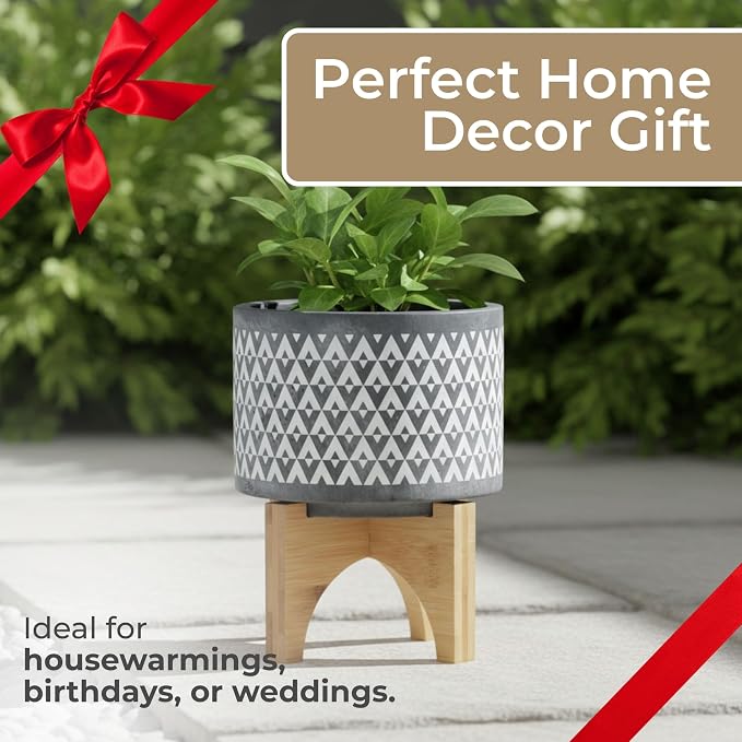 Aztec Decorative Planter Pot on Wooden Stand – Ceramic Stoneware Outdoor & Indoor Plant Pot with Gray Geometric Pattern – Modern Garden & Home Decor Ceramic Planters – 6", Gray
