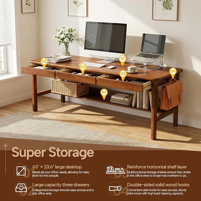 63" Long Solid Wood Writing Desk with 3 Drawers, Mid-Century Modern Desk, Home Office Computer Desk with Storage Shelf, Simple Simple Study Table, Work Desk Station (Walnut, 63" x 23.6" x 29.5")