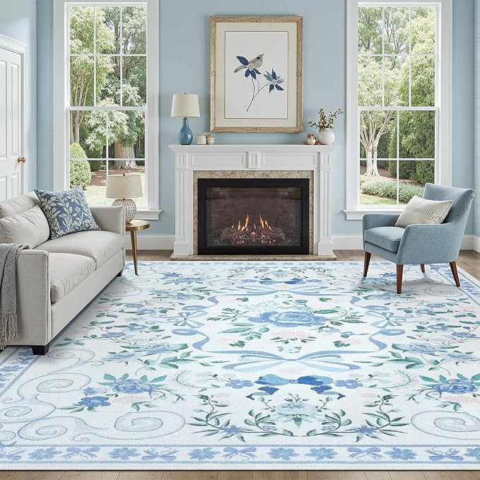 DCX Washable 8x10 Bow Rug, Blue Floral Rug for Girls’ Bedroom, Cute Soft Low Pile Indoor Décor Carpet, Kid & Pet Friendly Nursery Rug for Living Room, Dorm, Playroom