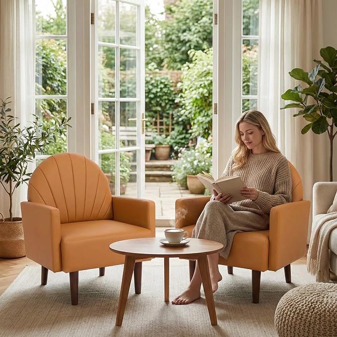 PU Accent Chairs for Living Room with High-Density Foam Cushion, Mid-Century Single Sofa Armchair with Solid Wood Legs Upholstered Reading Chair for Bedroom Home Office (Shell Orange)