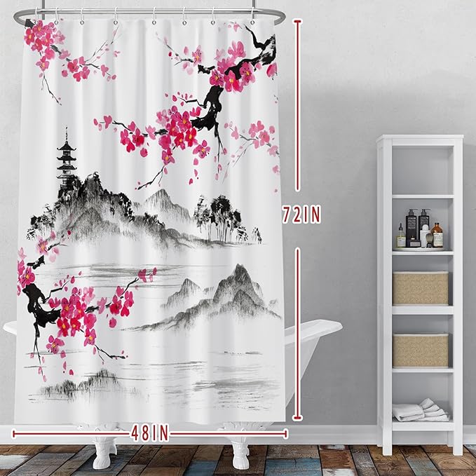 Baocicco Plum Blossom Shower Curtain Pink Cherry Blossom Floral Misty Mountains Shower Curtains Decorative for Bathroom Waterproof Fabric Shower Curtain with Hooks 48x72 Inches