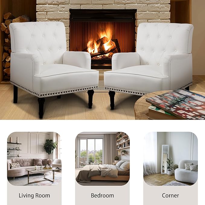 MOJAY PU Leather Accent Chair, Mid-Century Armchair Living Room Sofa Chair with Rubber Wood Leg, Club Chair with Rivet Trim for Bedroom Reading Room Reception (White)