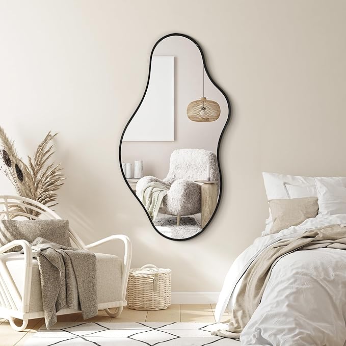 Irregular Wall Mirror, 24"x43" Black Abstract Asymmetrical Mirrors for Wall, Decorative Cloud Wavy Mirror for Bathroom, Bedroom, Cloakroom, Entryway, Shatter-Proof Aluminum Alloy Frame