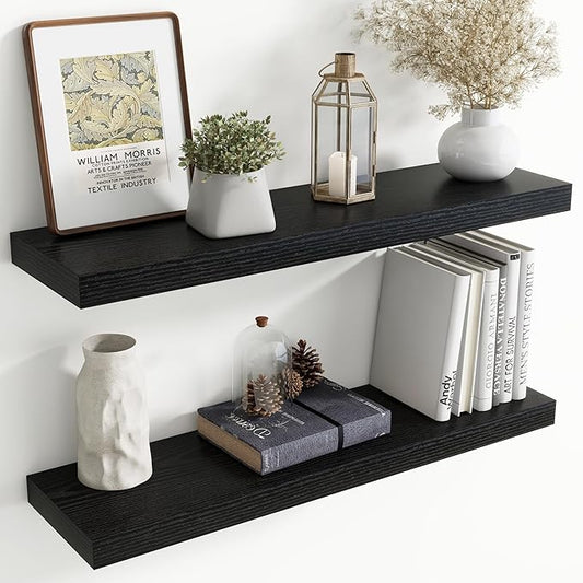 36 Inch Floating Shelves for Wall, 8 Inch Deep Floating Shelf for Storage & Display, Rustic Wall Mounted Shelf with Invisible Brackets for Living Room, Kitchen, Bathroom, Home Decor, Set of 2, Black