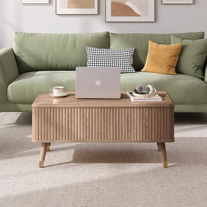 Lift Top Coffee Table with Storage,Natural Wood Center Table for Living Room, Modern Farmhouse Oak Fluted Design,Pop-Up Desk for Work & Dining