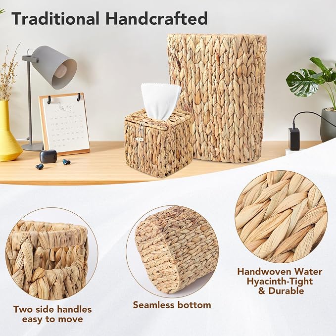 Bathroom Accessory Set, 10 Pieces Bath Set- Wicker Trash Can Tissue Box Soap Dish Toothbrush Holder Rinse Cup Lotion Bottle Toilet Brush Qtip Holder - Practical Bathroom Decor Sets (Rattan Black)