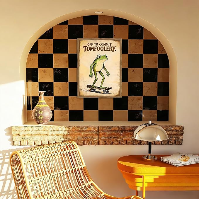 Funny Frog Skateboard Wall Art Cute off to Commit Tomfoolery Signs Wall Decor Painting, Funky Frog Animal Poster Canvas Print Picture for Living Room Bedroom 16x24 inch Wood Framed