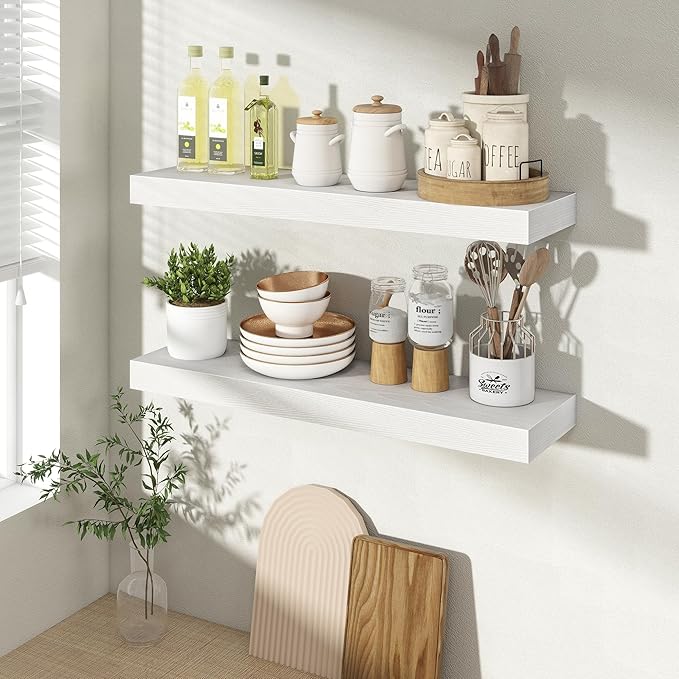 24 Inch Floating Shelves for Wall 2 Pack, 24" Wall Shelves for Books, Storage, Decor, Wall Mounted Floating Shelf with Invisible Brackets for Kitchen, Living Room, White