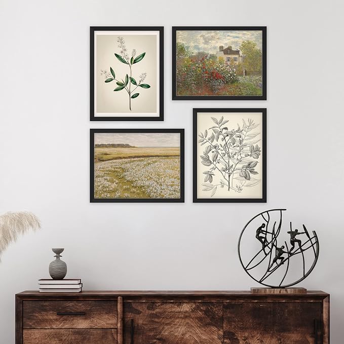 SIGNWIN Framed Poster Bathroom Decor 11"x14"x 4 Black, Wall Art Room Decor Multicolor for Living Room, Bedroom, Office Autumn Spring Rustic Flower Landscape Classic Vintage Retro Illustrations