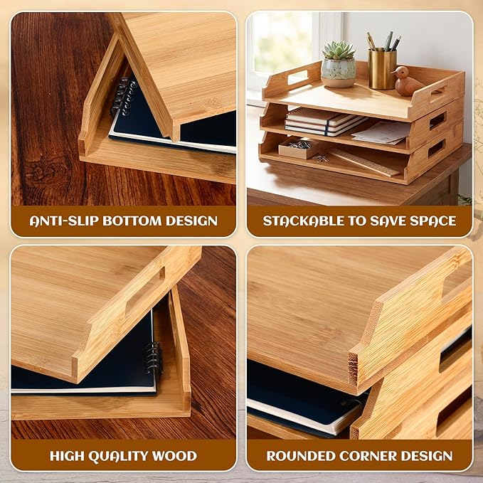 AceOrbit 3 Pcs Stackable Paper Tray Bamboo Wood Desk Organizer Letter Tray 3 Tier Wooden File Organizer Desk Shelf for Documents, Letter Sorter, Envelopes and Magazine Holder
