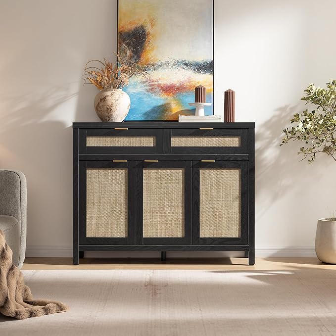 SICOTAS Rattan Sideboard Buffet Cabinet with Storage, Boho Credenza Accent Cabinet with 3 Doors and 2 Drawers, Farmhouse Console Coffee Bar Cabinets for Living Room Kitchen Entryway, Black Oak, 2 PCS