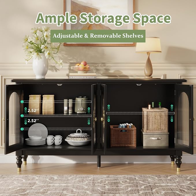 iPormis Fluted Arched Buffet Cabinet Set of 2, 59" Modern Sideboard with Glass Door & Adjustable Shelves, Mid Century Modern Solid Wood Credenza Accent Cabinet for Living Room, Entryway, Black