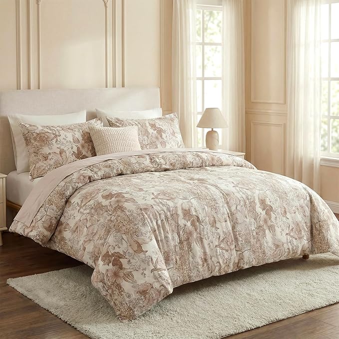 Khaki Floral Duvet Cover King Size 100% Cotton Vintage Botanical Duvet Cover Set 3 Pcs Soft Flower Bedding Set Breathable and Lightweight