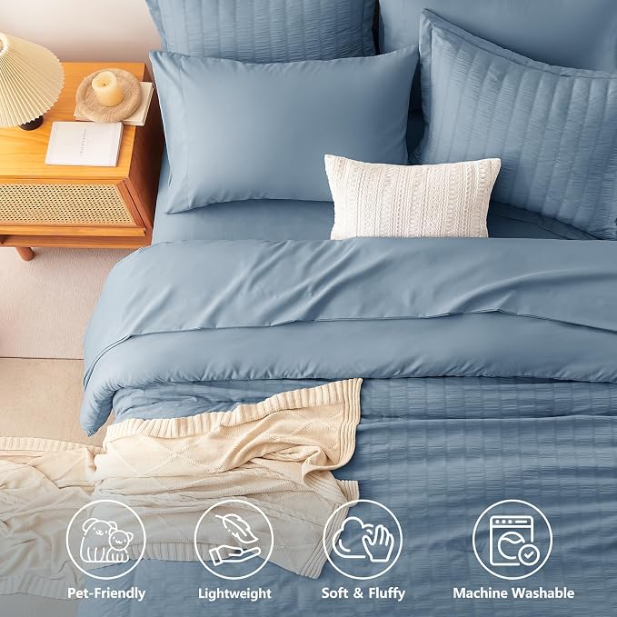 CozyLux Oversized Queen Comforter Set with Sheets, 7 Pieces 98"x98" Grayish Blue Seersucker Bed in a Bag, Dusty Blue Bedding Set with Down Alternative Comforter, Sheets, Pillowcases & Shams, Home Gift