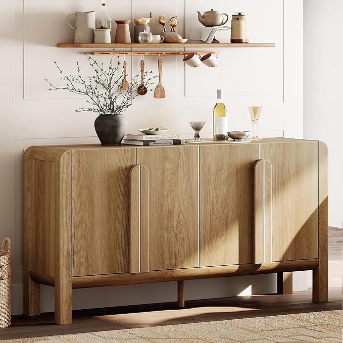 WAMPAT 63" W Large Buffet Sideboard Cabinet with Storages, Modern Buffet Table Coffee Bar Wine Bar Storage Curved Cabinet with 4 Doors for Dining Room, Living Room, Kitchen, Light Walnut