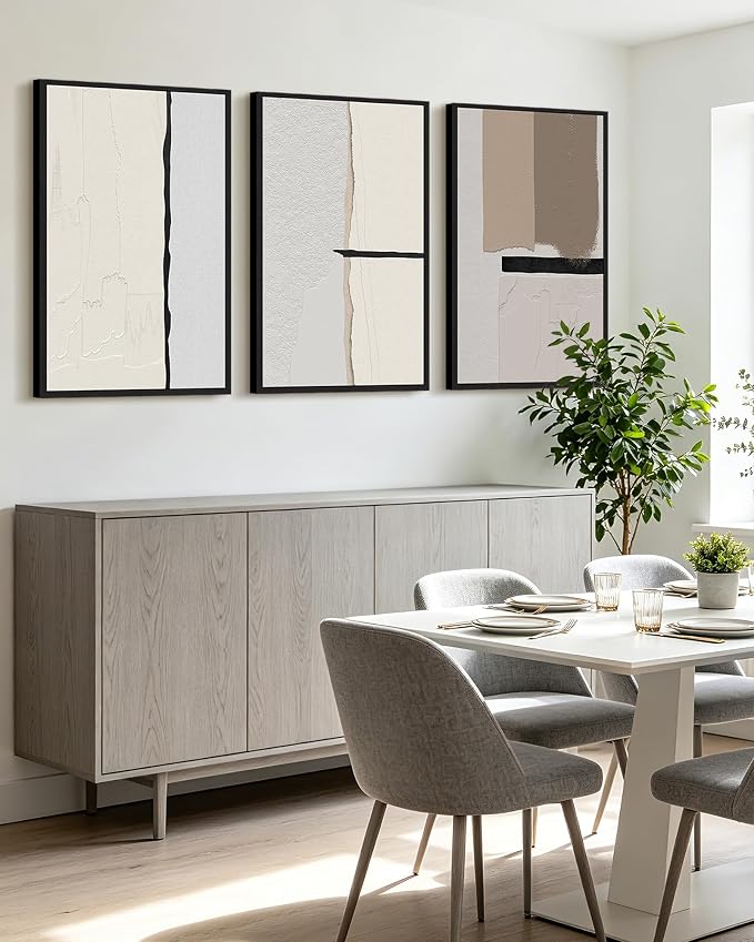 KUVIOKE Neutral Abstract Framed Wall Art Beige Mid Century Textured Wall Decor Minimalist Modern Illustrations Art Print Home Decor 24x36in (Black Framed)