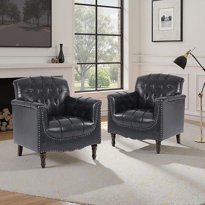 Faux Leather Accent Chair, PU Leather Modern Comfy Upholstered Armchair with Wood Legs & Nailhead Trim for Living Room, Bedroom (Black Blue,Set of 1)