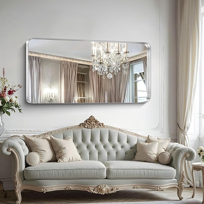 CIRCUMI Silver Bathroom Mirror, 30"x60" Rectangular Mirror with Deep Metal Frame, Rounded Corner, Tempered Glass, Large Mirror for Wall, Over 2 Sinks, Installed Vertically/Horizontally, Crystal-Clear