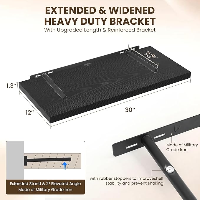 Dreamland 30" Floating Shelves for Wall, 12" Deep Slim Black Floating Shelves, Wall-Mounted Shelves for Bedroom, Living Room, Kitchen, Bathroom - Set of 2