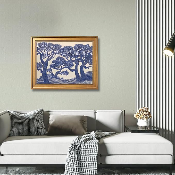 Vintage Oak Tree Prints Linocut Forest Canvas Wall Art Blue Woodland Landscape Painting Posters Botanical Wall Decor Moody Tree Poster Large Nature Art Print for Living Room 24x36inch Golden frame