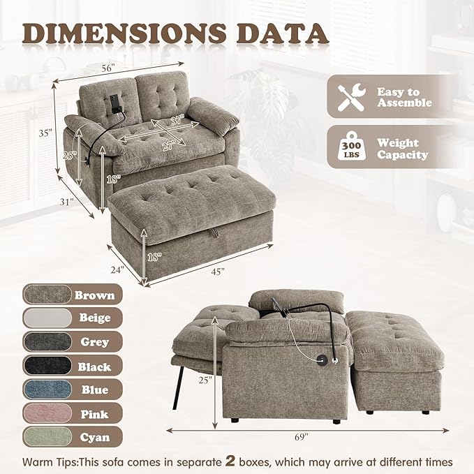 Oversized Chaise Lounge Chair Indoor with Ottoman&Adjustable Backrest,Chenille Tufted Recliner Comfy Loveseat Sofa Chair with USB&Phone Holder,Convertible Sleeper Couch Bed for Living Room(56"W,Brown)