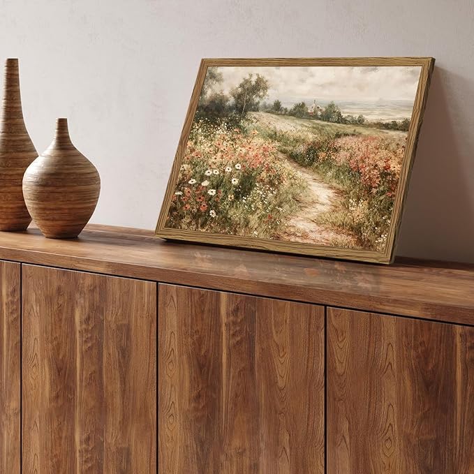 Vintage Floral Wall Art Nature Country Wildflower Wall Decor Painting Modern Botanical Flower Farmhouse Landscape Artwork 3D Textured Sandstone for Living Room Bedroom 12x16 inch Wood Framed