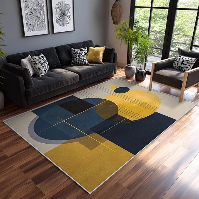Mid Century Modern Rugs for Home Decor, 8x10 ft, Retro Circles MCM Area Rugs for Living Room, Soft Non Slip Washable Abstract Geometric Carpet Bedroom Decorations D-1g