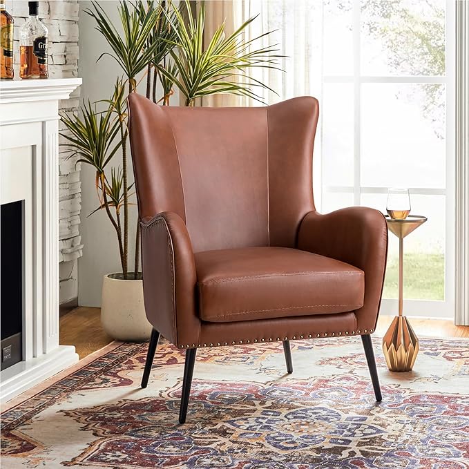 HULALA HOME Faux Leather Accent Chair with Removable Cushion, Comfy Upholstered Armchair with Black Metal Legs & Nailhead Trim Wingback Vanity Chair for Reading Living Room Bedroom, Brown