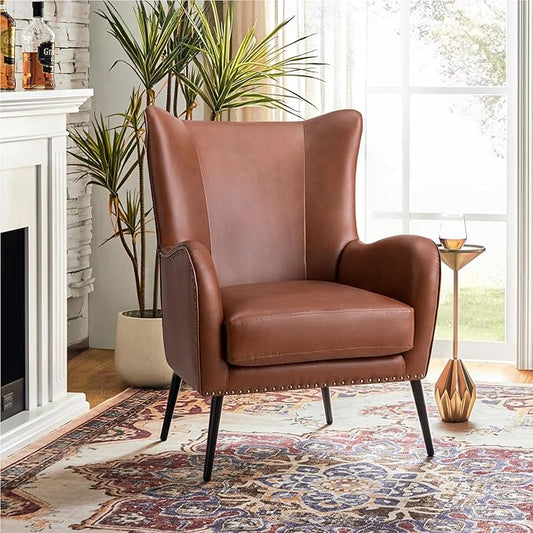HULALA HOME Faux Leather Accent Chair with Removable Cushion, Comfy Upholstered Armchair with Black Metal Legs & Nailhead Trim Wingback Vanity Chair for Reading Living Room Bedroom, Brown