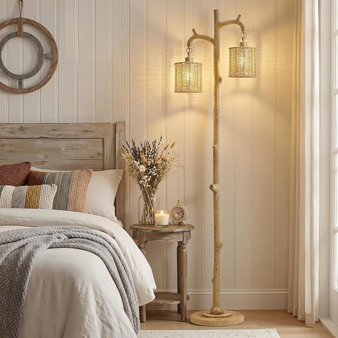 EJIAXIN Floor Lamp for Living Room - 69" Farmhouse Tree Trunk Standing Lamps - Country Resin Tall Lamp with 2 Rattan Lampshade - Rustic Floor Lamp for Bedroom Office Home Decor