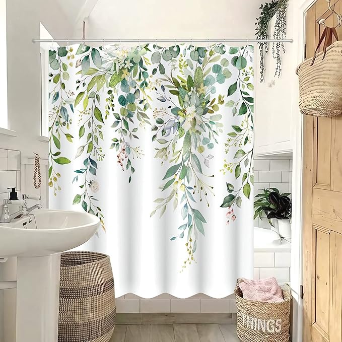 Long Green Eucalyptus Shower Curtain Watercolor Floral Plant Leaf Shower Curtains for Bathroom Botanical Flower Waterproof Fabric Bath Curtain Decor with Hooks (Green, 72'' x 78'')