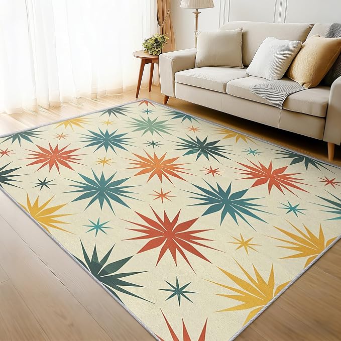 Retro Atomic Rugs for Living Room Decor, 5x7 ft, Mid Century Modern Area Rugs for Bedroom, Soft Non Slip Washable 50s Abstract Geometric Carpet Home Decorations D-g48