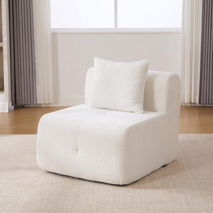 31" Minimalist Style Armless Accent Chair with Ottoman,Modern Boneless Deep Seat Single Sofa with Pillow,Comfortable Chaise Lounge,No Assembly Required for Apartment,Living Room,Bedroom,Ivory