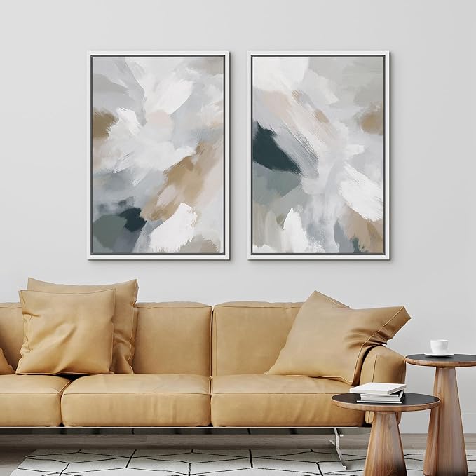 IDEA4WALL Framed Canvas Print Wall Art Set Neutral Brushstroke Abstract Modern Minimalist Illustrations Modern Art Decorative Bohemian Calm/Zen for Living Room, Bedroom, Office - 24"x36"x2 White