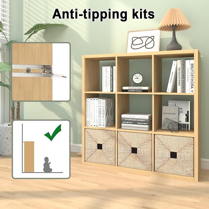 CTESNE【2026 Wooden Thick Frame 9 Cube Storage Organizer Shelf with Anti-Tipping Kits + Reversible Open Back Bookcase, Horizontal and Vertical Dual-use（Oak Color,11inch）