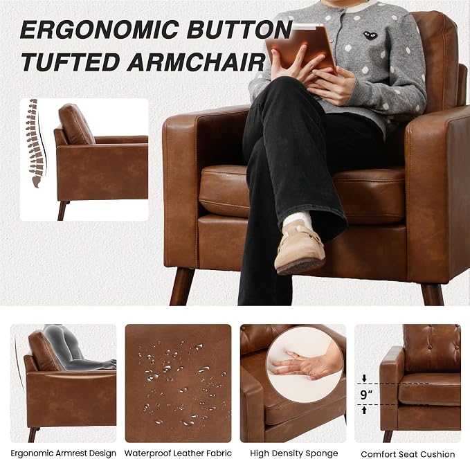 HNY Mid Century Modern Armchair, Button Tufted Faux Leather Accent Chair with Armrests, Upholstered Club Chair for Living Room, Bedroom & Office, Caramel Brown