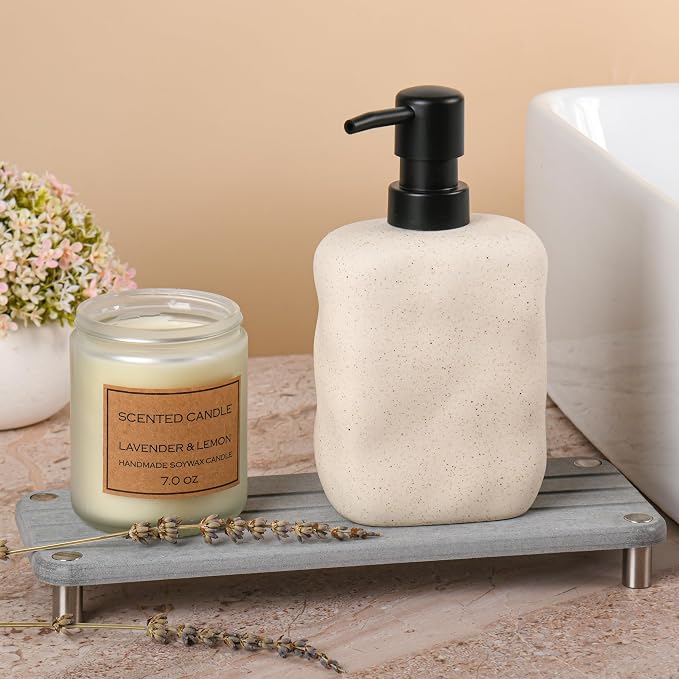 Modern Ceramic Soap Dispenser, Beige Speckled Finish, Black Pump Top, Refillable Liquid Container for Bathroom Kitchen (Beige, 2 Pack)