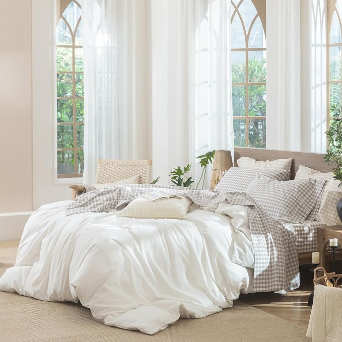 MooMee Gingham Sheet Set 100% Washed Cotton Linen Like Textured Breathable Soft w/Fully Elasticized 16-19" Deep Pocket (Classic Gingham Tannish Linen Grey, Queen)