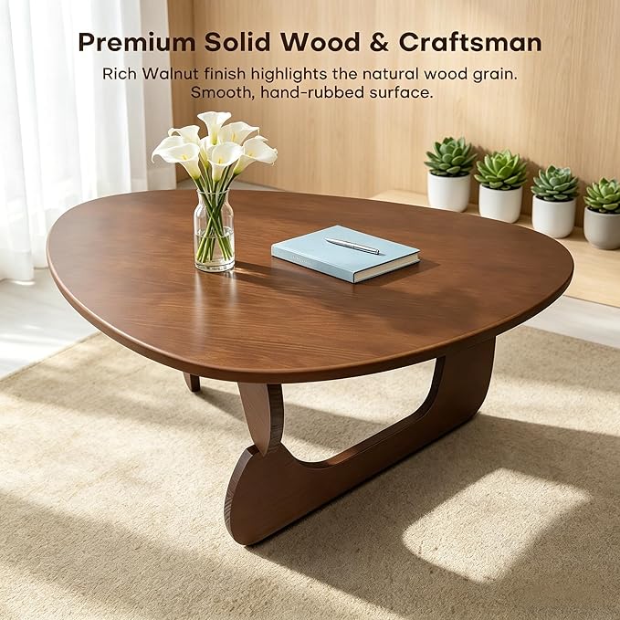 Solid Wood Coffee Table, Mid-Century Modern Triangle Center Table for Living Room, Triangular Wood Tea Table, Fingerprint-Free & Shatterproof, Walnut, 43.3" L x 27.5" W x 16.5" H