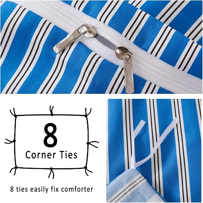 Merryword Striped Duvet Cover Set King Size - 100% Cotton Duvet Cover Set, Blue Ribbon Stripes Pattern Comforter Cover 3 Pieces, Soft Linen Like Bedding Set for All Seasons