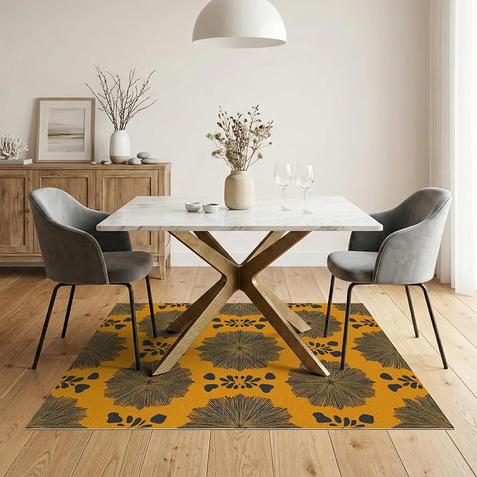 5'x7' Washable Abstract Geometric Area Rug, Mustard Yellow Flatwoven Floor Covering for Dining Room, Under Table, Home Office, Non-Slip Chair-Friendly Carpet | Ref:2229843