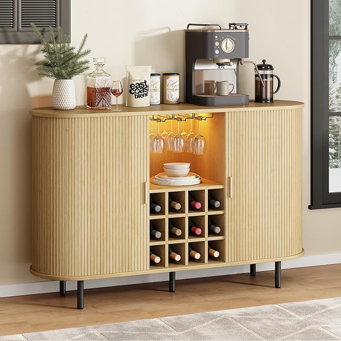 ONBRILL 55" Wine Bar Cabinet with LED Light,Modern Liquor Whiskey Coffee Station with Wine Rack and Glass Holder, Farmhouse Buffet Sideboard with Storage for Living Room, Kitchen, Entryway (Oak)